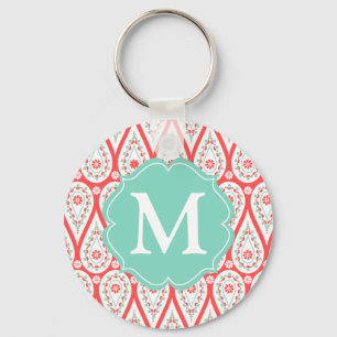 Modern Elegant Damask Coral Paisley Personalised Key Ring