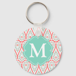 Modern Elegant Damask Coral Paisley Personalised Key Ring