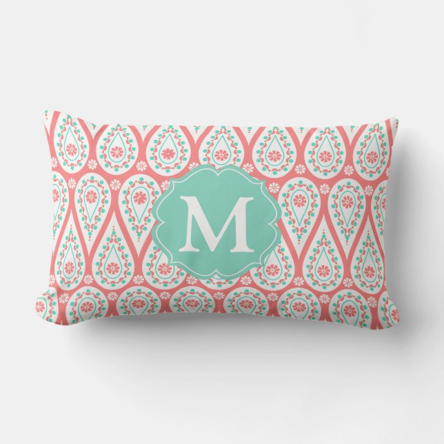 Modern Elegant Damask Coral Paisley Personalised Lumbar Cushion (Front)