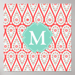 Modern Elegant Damask Coral Paisley Personalised Poster