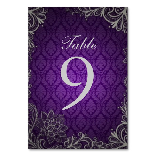 modern elegant damask purple wedding table number (Front)