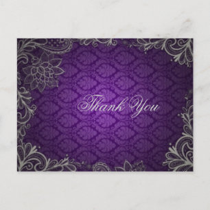 modern elegant damask purple wedding thank you postcard