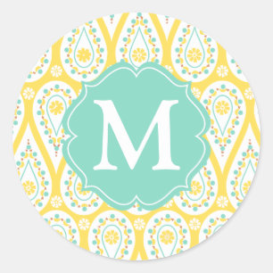 Modern Elegant Damask Yellow Paisley Personalised Classic Round Sticker