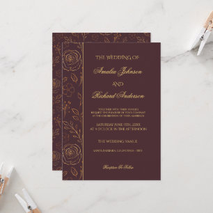 Modern Elegant Dark Burgundy Gold Floral Wedding Invitation
