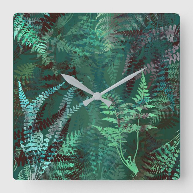Modern Elegant Dark Emerald Green Ferns Square Wall Clock (Front)