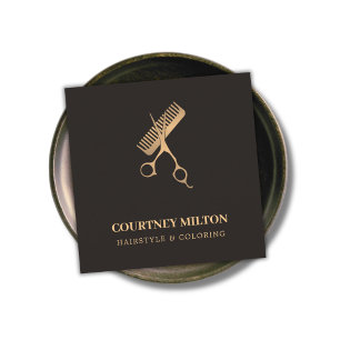 Modern Elegant Dark Faux Gold Scissors Comb Square Business Card
