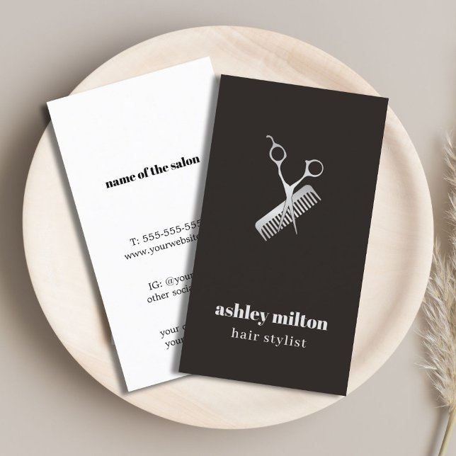 Modern Elegant Dark Faux Silver Scissors Comb Business Card (Creator Uploaded)