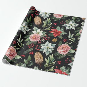 Modern Elegant Dark Floral Christmas Wrapping Paper