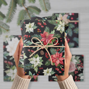 Modern Elegant Dark Floral Christmas Wrapping Paper Sheet