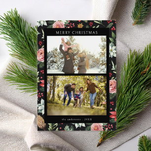 Modern Elegant Dark Floral Merry Christmas 2 Photo Holiday Card