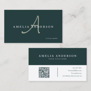 Modern Elegant Dark Green Initial QR Code  Business Card