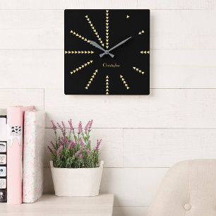 Modern Elegant Decor Black Faux Gold Custom Name Square Wall Clock