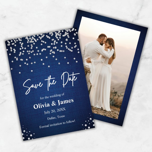Modern Elegant Denim and Diamonds Photo Wedding  Save The Date (Modern Elegant Denim and Diamonds Photo Wedding Save The Date Card )