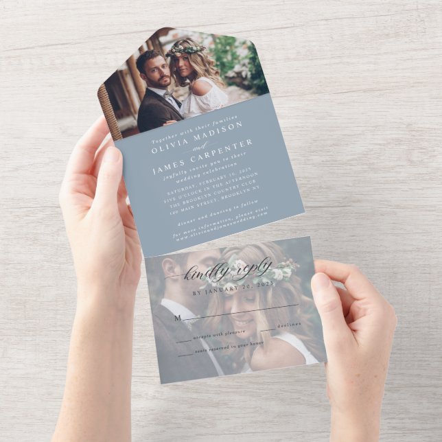 Modern Elegant Dusty Blue 2 Photo RSVP Wedding All In One Invitation (Tearaway)