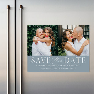 Modern Elegant Dusty Blue 2 Photo Save the Date Magnetic Invitation