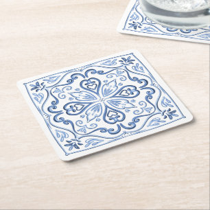 Modern Elegant Dusty Blue and White Square Paper Coaster