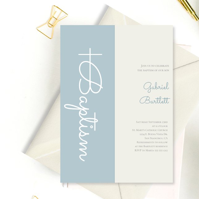 Modern Elegant Dusty Blue Baby Boy Baptism  Invitation (Creator Uploaded)