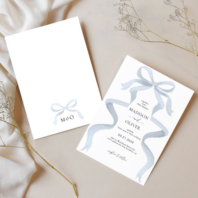 Modern Elegant Dusty Blue Bow Monogram Wedding Invitation (Creator Uploaded)