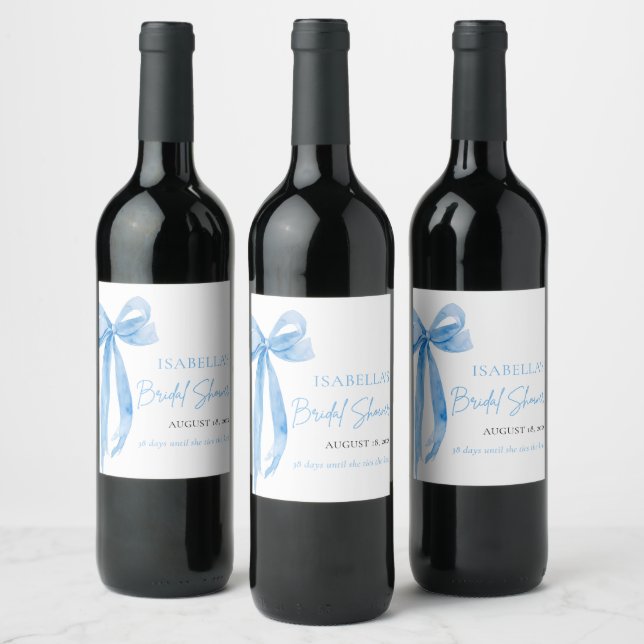 Modern Elegant Dusty Blue Bow Ribbon Bridal Shower Wine Label (Bottles)
