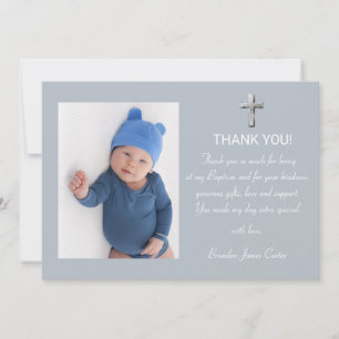 Modern Elegant Dusty Blue Cross Boy Baptism Thank You Card