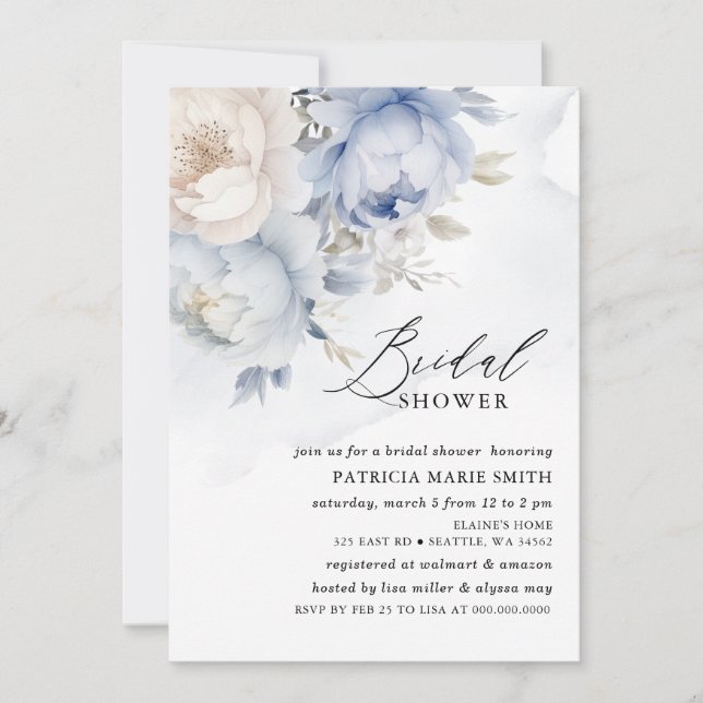Modern Elegant Dusty Blue Floral Bridal Shower Invitation (Front)