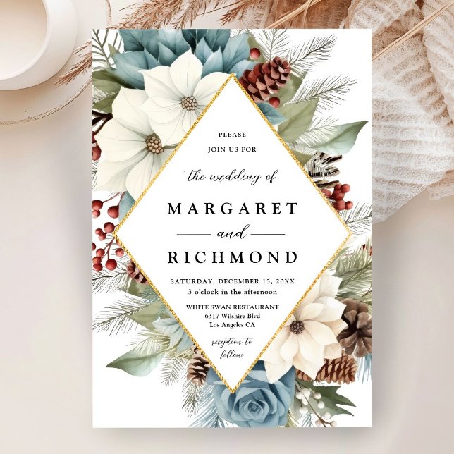 Modern Elegant Dusty Blue Floral Christmas Winter Invitation (Creator Uploaded)