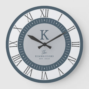 Modern Elegant Dusty Blue Gray Monogram Family Large Clock