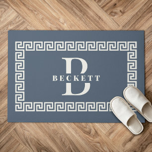 Modern Elegant Dusty Blue Greek Key Frame Monogram Doormat
