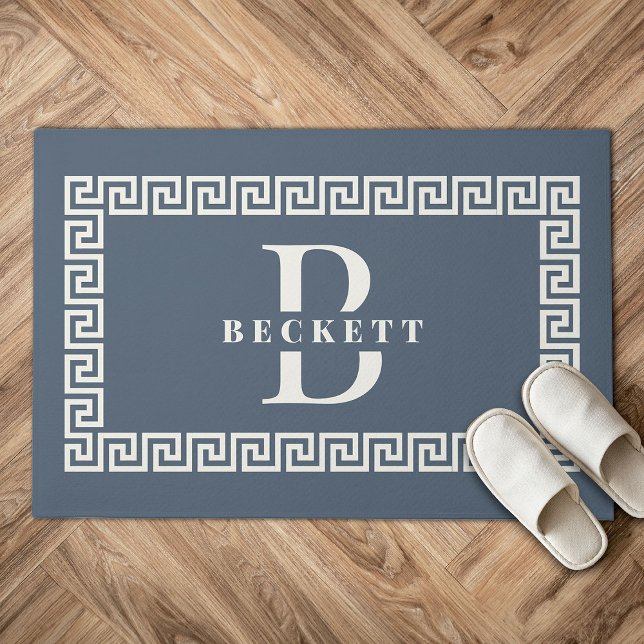 Modern Elegant Dusty Blue Greek Key Frame Monogram Doormat (Light Blue doormat with a Greek key border, featuring the large letter "B" and "BECKETT" in white. )