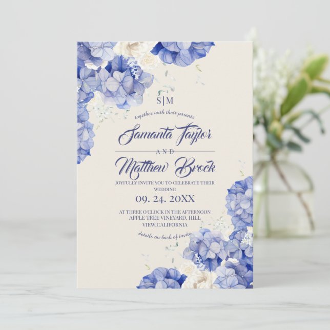 Modern Elegant Dusty Blue Hydrangea Wedding Invitation (Standing Front)