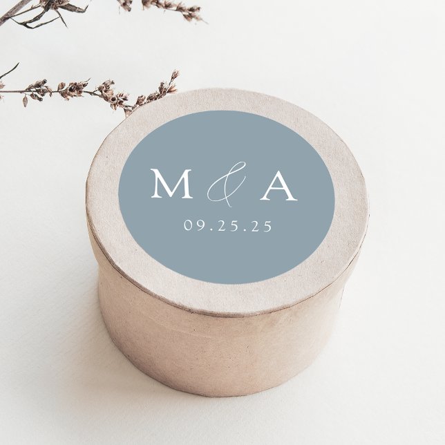 Modern Elegant Dusty Blue Monogram Wedding Classic Round Sticker (Creator Uploaded)