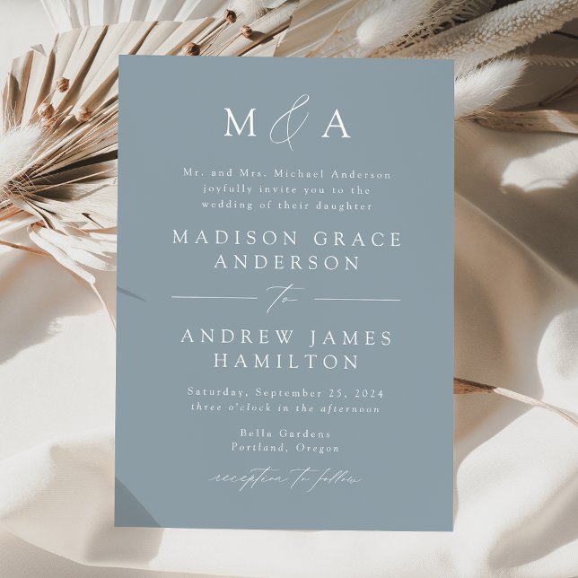 Modern Elegant Dusty Blue Monogram Wedding Invitation (Creator Uploaded)