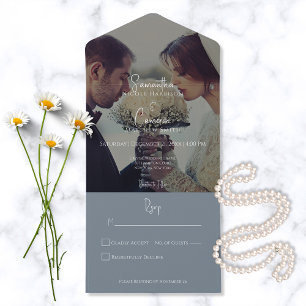 Modern Elegant Dusty Blue Photo No Dinner All In One Invitation