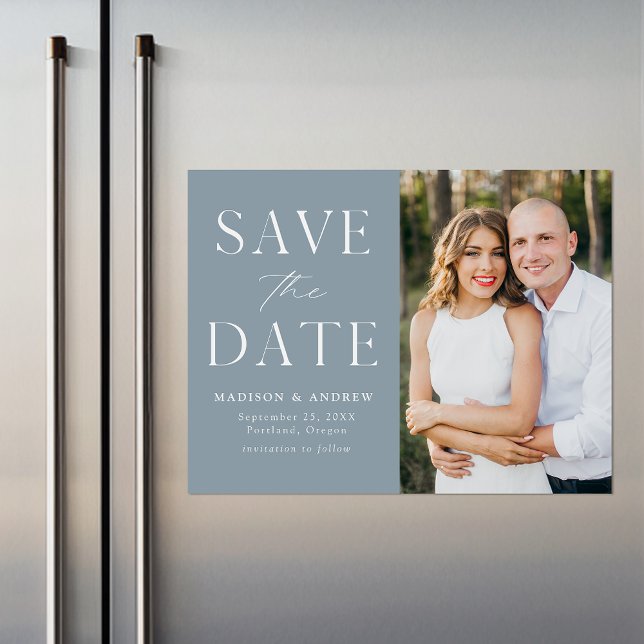 Modern Elegant Dusty Blue Photo Save the Date Magnetic Invitation (Creator Uploaded)