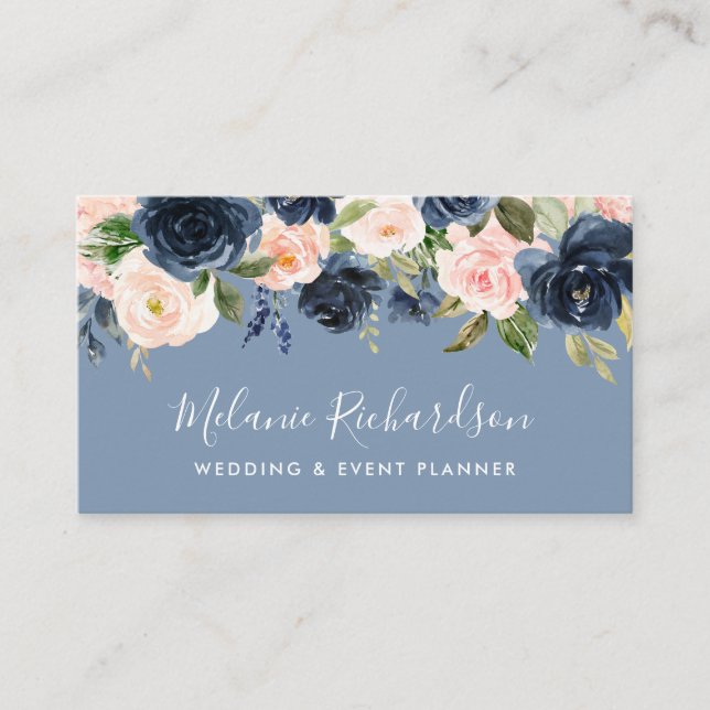 Modern Elegant Dusty Blue Pink Blush Floral Business Card (Front)