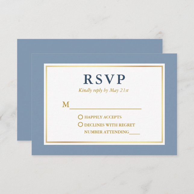 Modern Elegant Dusty Blue White Gold RSVP Card (Front/Back)