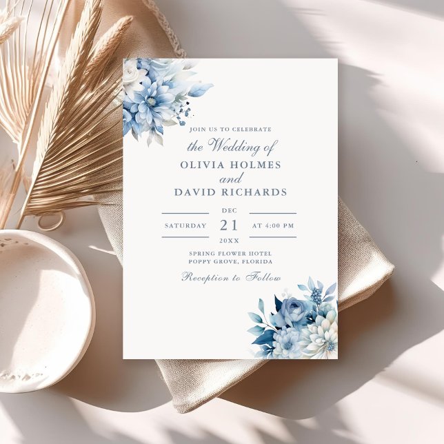 Modern Elegant Dusty Blue Wildflowers Wedding Invitation (Modern Elegant Dusty Blue Wildflowers Wedding Invitation on a sunny neutral boho table.)