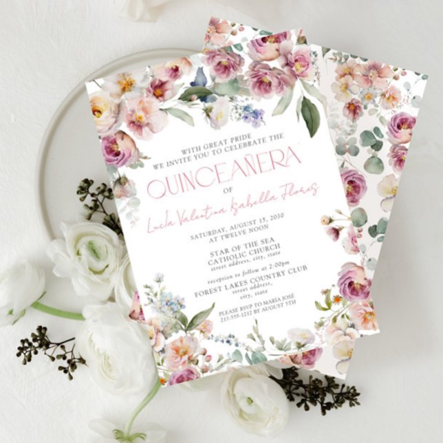 Modern Elegant Dusty Pink Floral Quinceanera Invitation (Creator Uploaded)