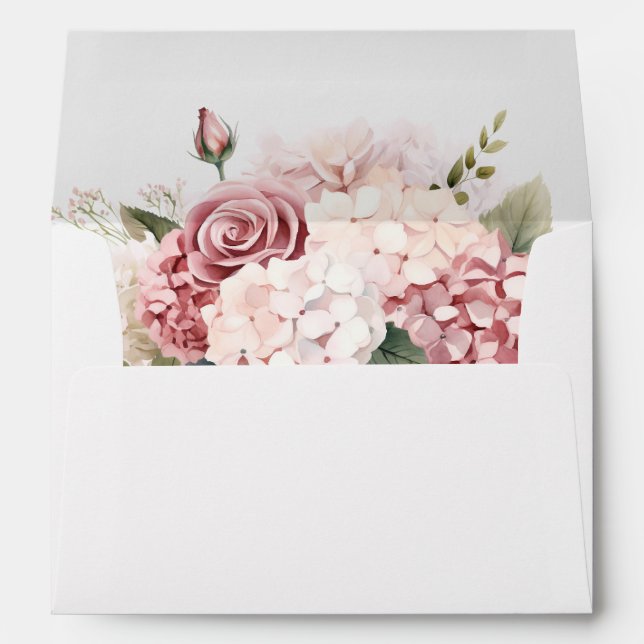 Modern Elegant Dusty Rose Hydrangea Wedding Envelope (Back (Bottom))