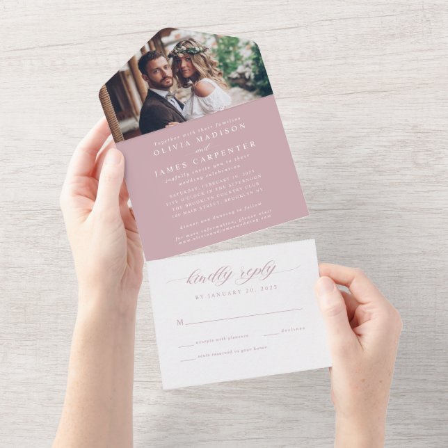 Modern Elegant Dusty Rose Photo RSVP Wedding All In One Invitation (Tearaway)
