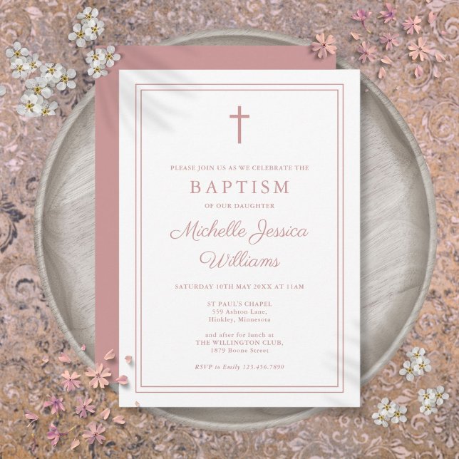Modern Elegant Dusty Rose Pink Border Baptism Invitation (Modern Elegant Dusty Rose Pink Border Baptism Invitation)
