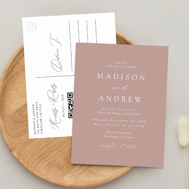 Modern Elegant Dusty Rose QR Code Wedding Invitation Postcard (Creator Uploaded)