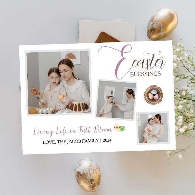 Modern Elegant Easter Blessings Script 3 Photo Holiday Card (Creator Uploaded)