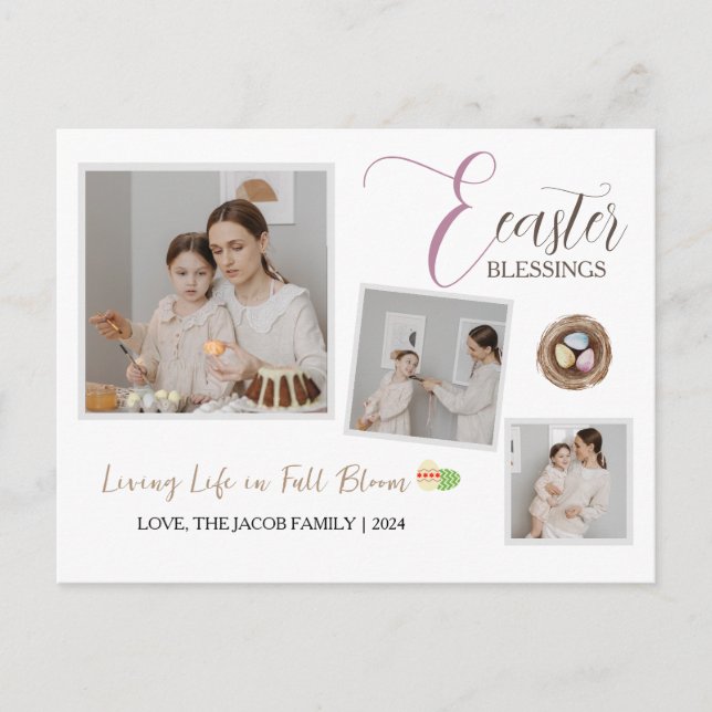 Modern Elegant Easter Blessings Script 3 Photo Holiday Postcard (Front)