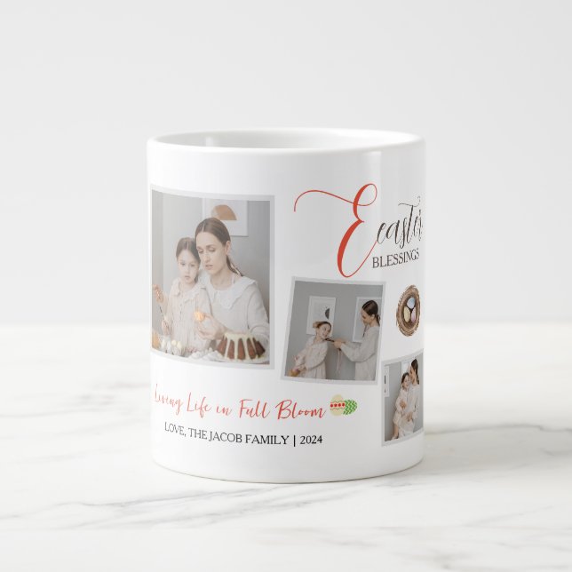 Modern Elegant Easter Blessings Script 3 Photo Large Coffee Mug (Front)