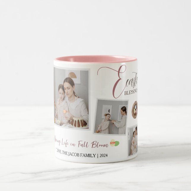 Modern Elegant Easter Blessings Script 3 Photo Two-Tone Coffee Mug (Center)