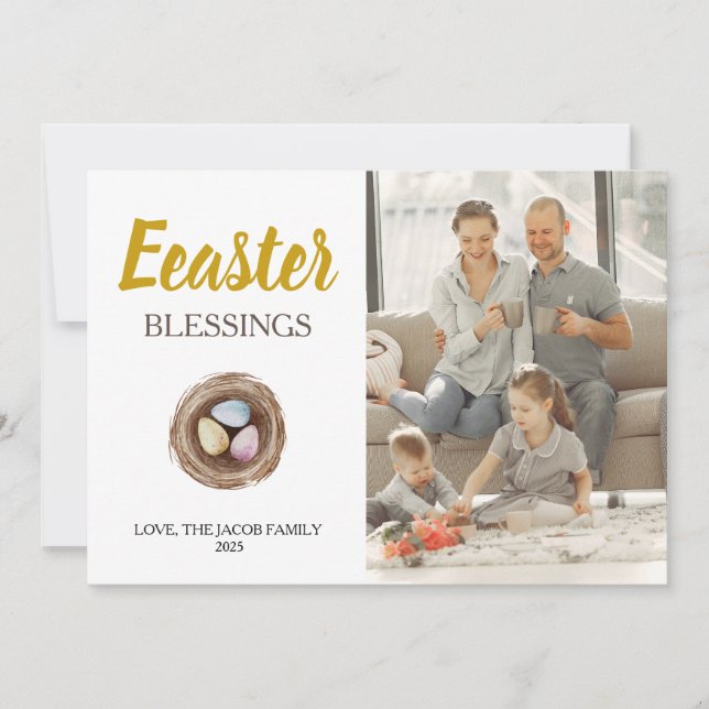 Modern Elegant Easter Blessings Script Photo Holiday Card (Front)