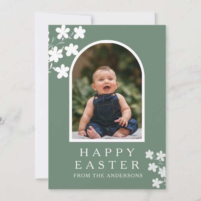 Modern Elegant Easter Family Photo Floral & Arch Holiday Card (Front)