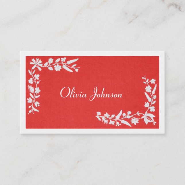 Modern Elegant Embroidered Red White Business Card (Front)