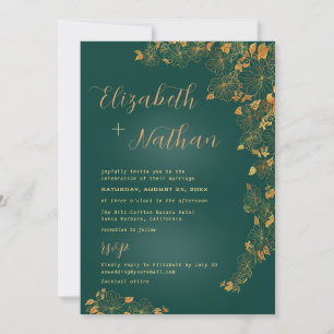 Modern Elegant Emerald Green Gold Floral Wedding Invitation